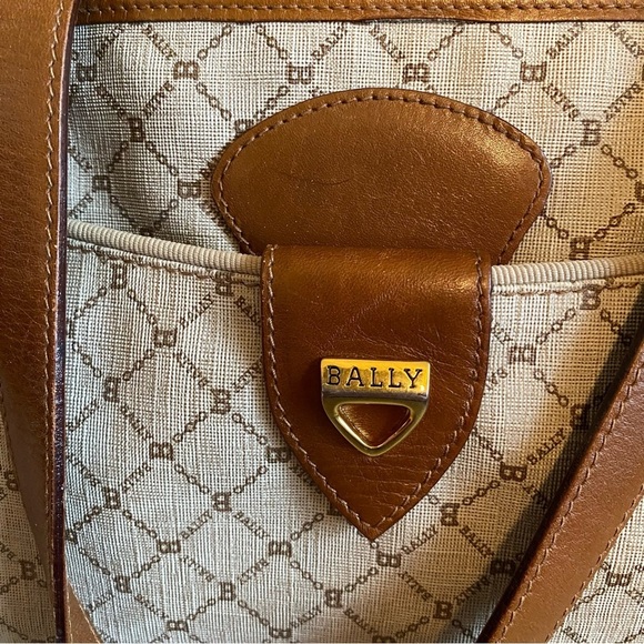 Bally Vintage RARE Monogrammed B Medium Tote Bag Purse Handbag Brown Tan Leather - Picture 2 of 16